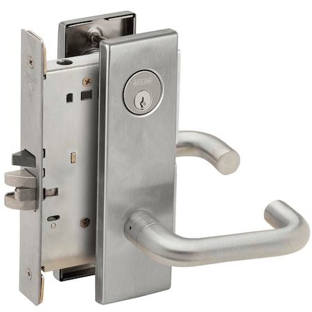 Schlage Grade 1 Storeroom Mortise Lock, Conventional Cylinder, S123 Keyway, 03 Lever, N Escutcheon, Satin St L9080P 03N 630
